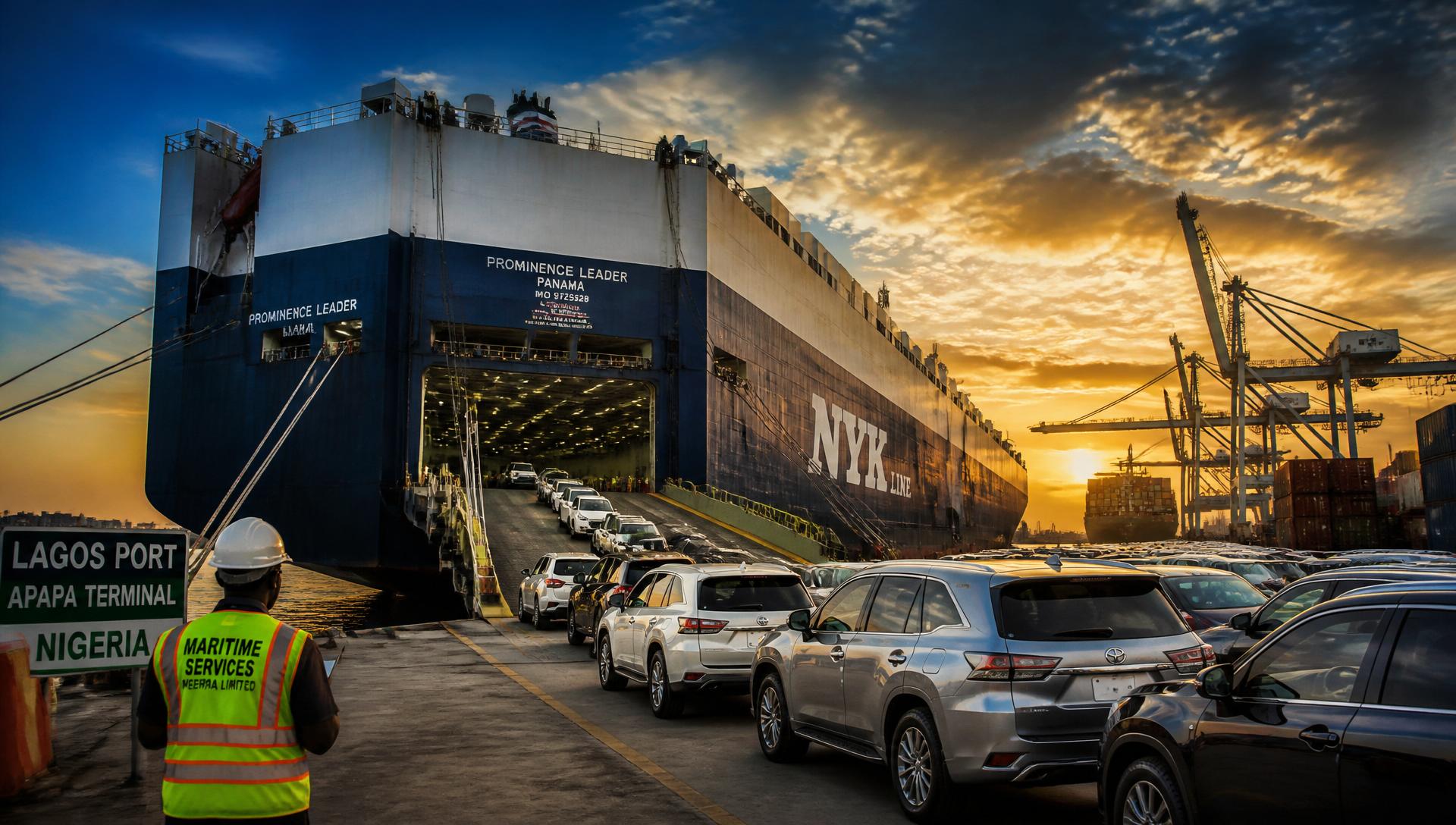 Ro-Ro vessel loading Japanese vehicles at Nigerian port