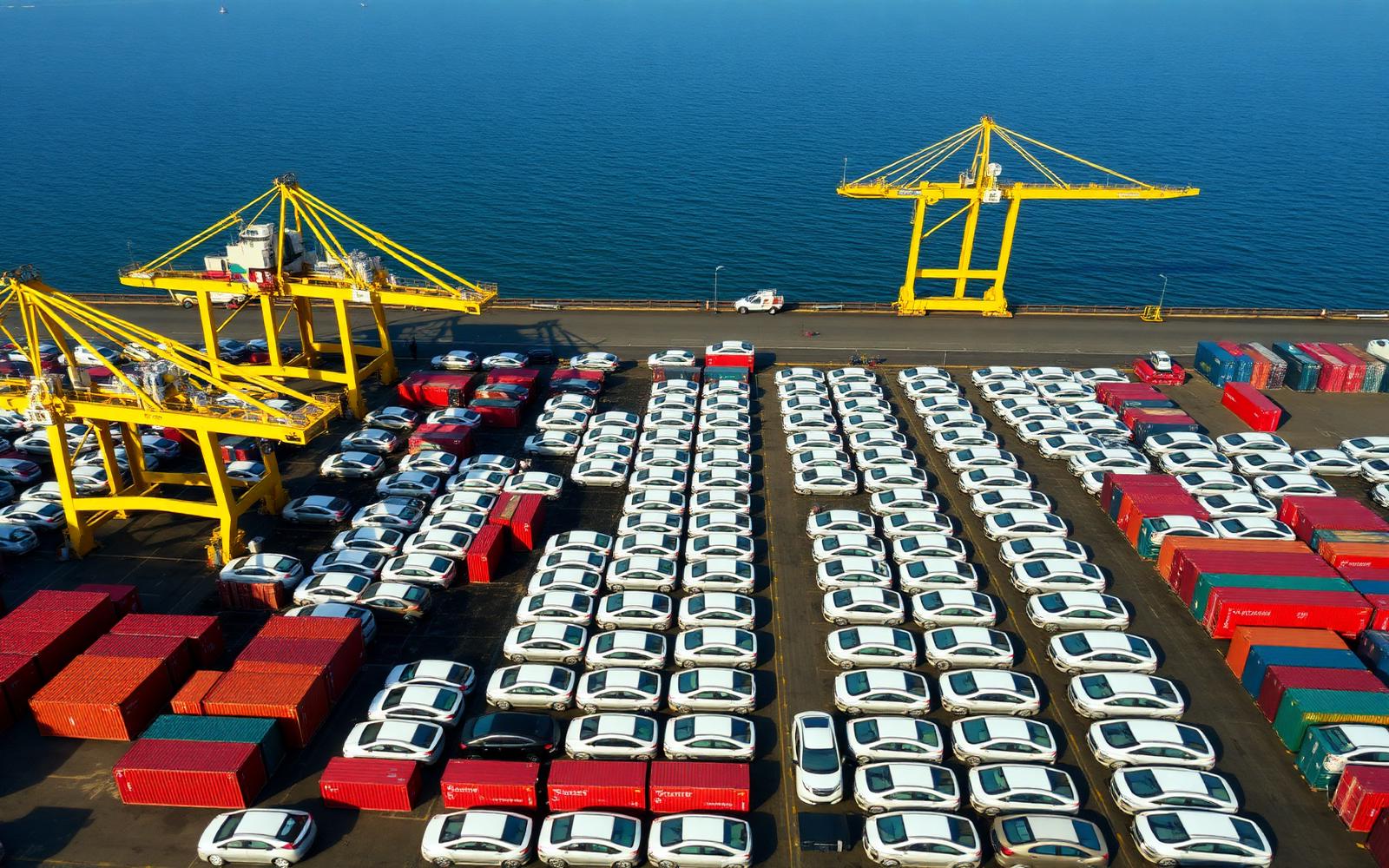 Container terminal with vehicles ready for export